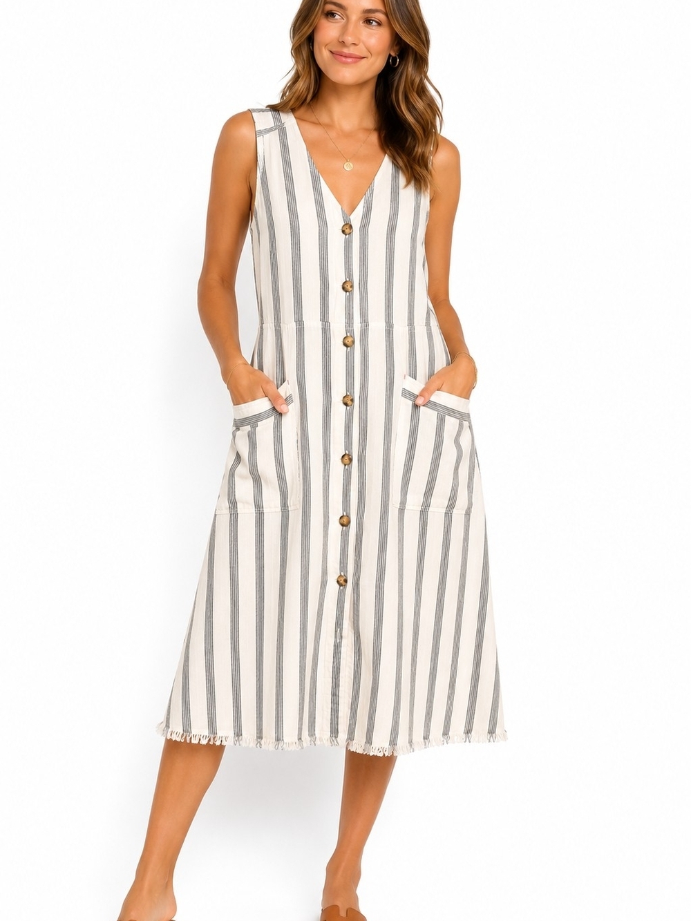 Maeve Anthropologue Sleeveless Retto Stripe Midi Summer Dress Frimge Hem Small